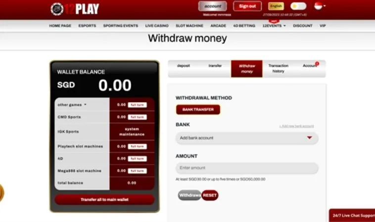 Giao diện rút tiền 12Play